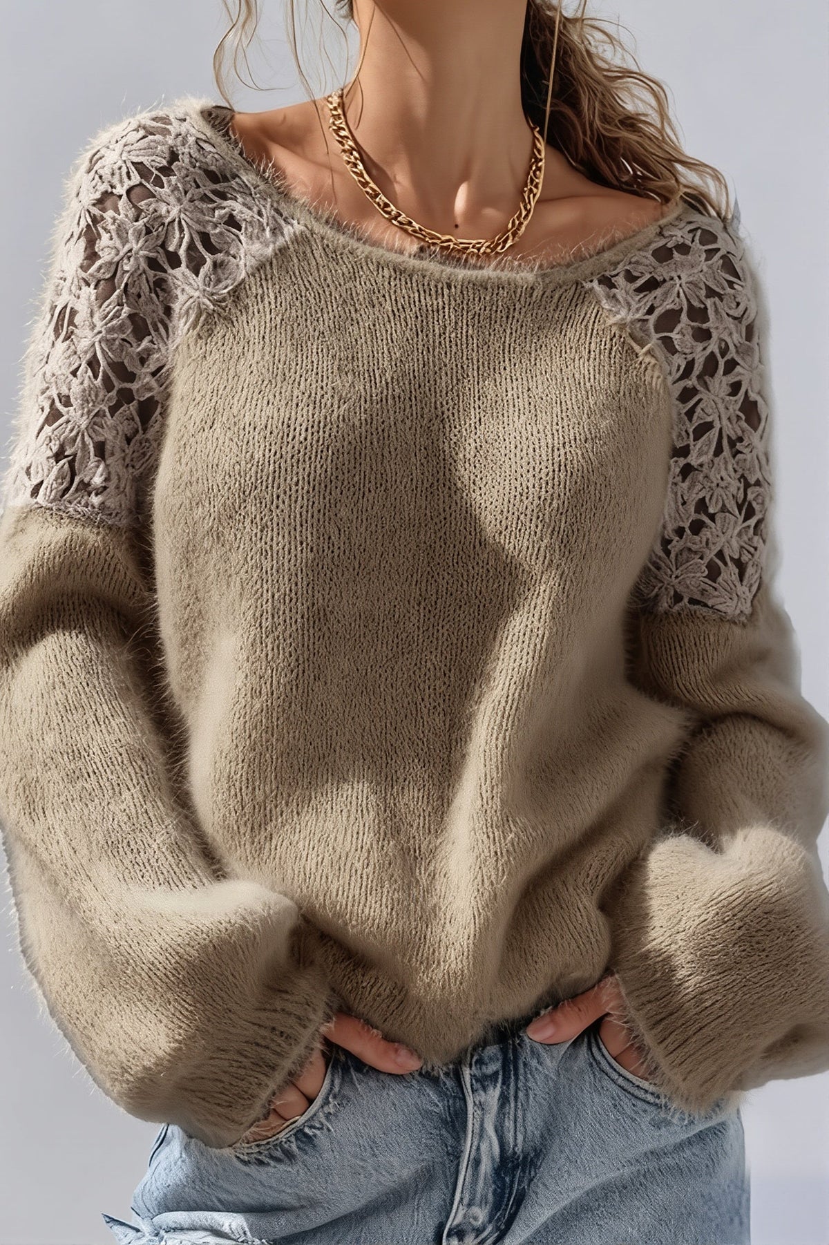 Lace Shoulder Fuzzy Relaxed Sweater