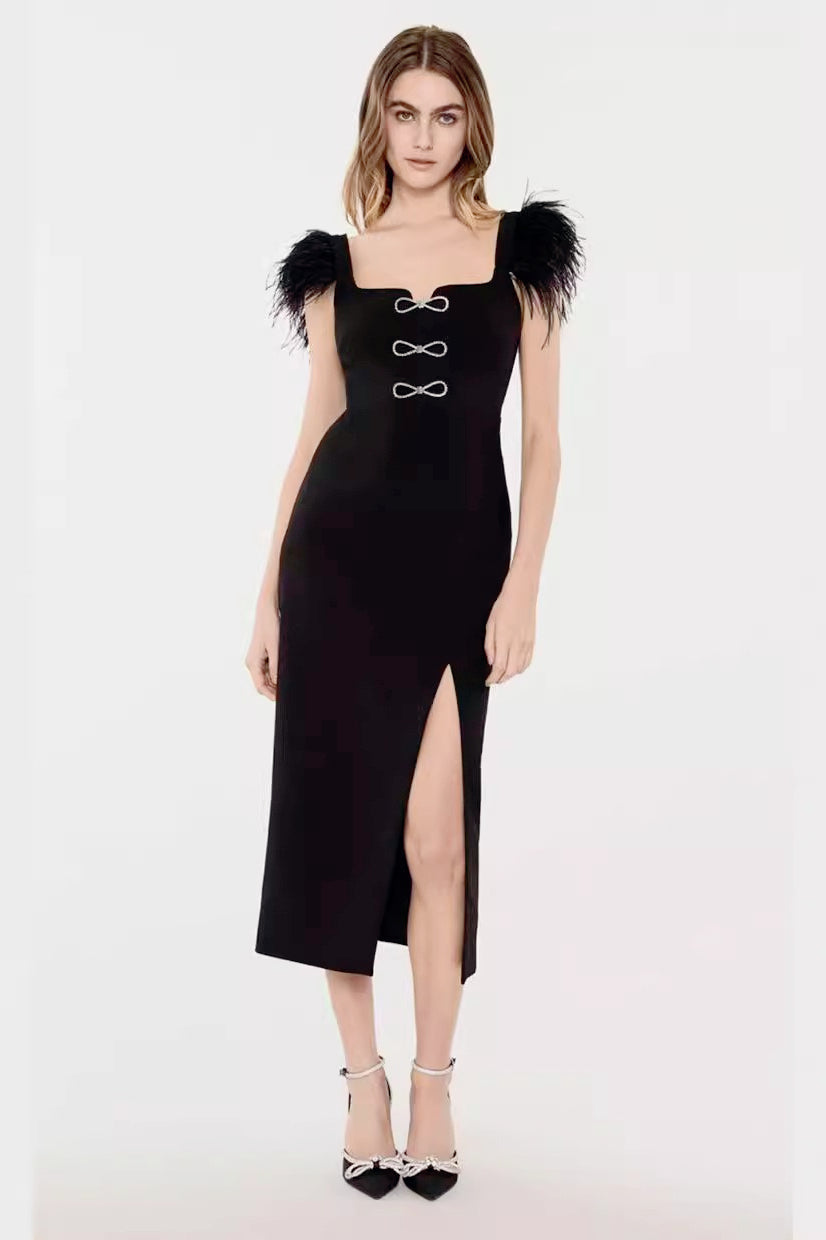 Feather-Trim Square-Neck Bow Slit Bodycon Midi Dress