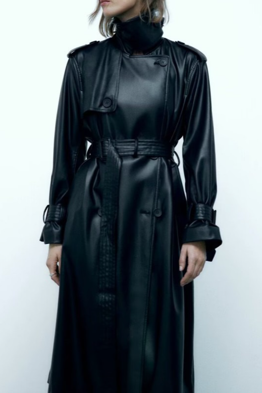 Belted Black Long Faux Leather Casual Versatile Overcoat - Fashionpara
