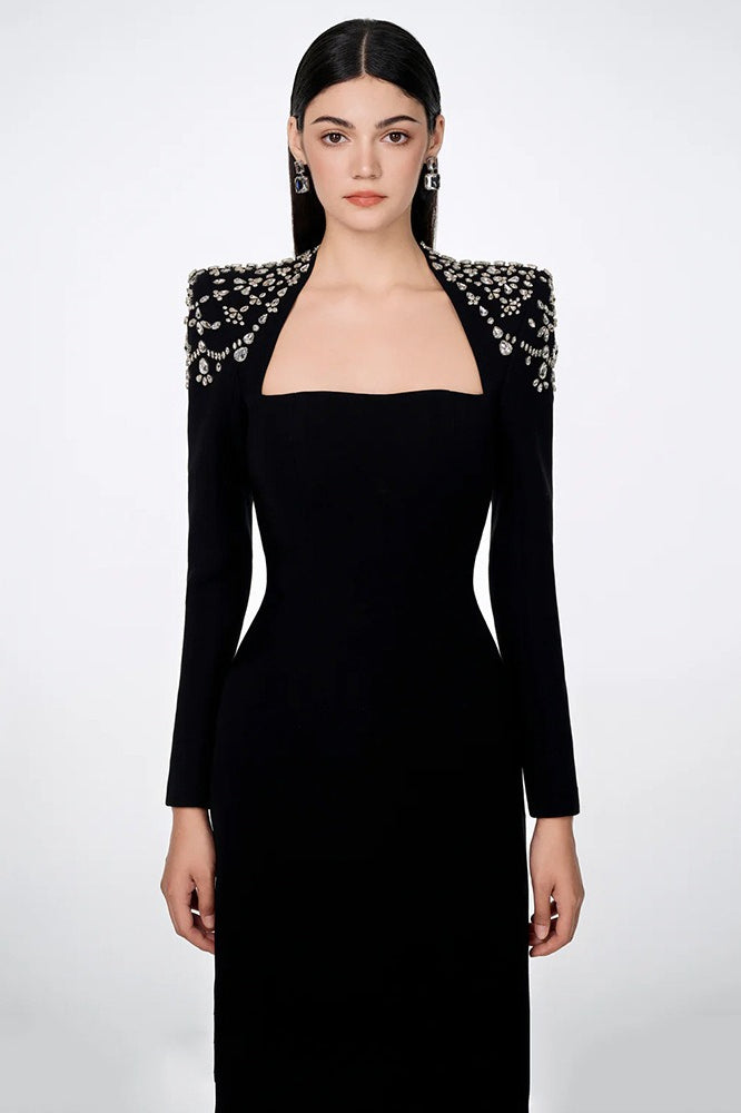 Crystal-Embellished Square-Neck Long Sleeve Strong-Shoulder Dress