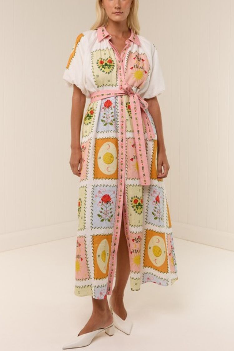 Lily Song Linen Blend Unique Print Short Sleeve Tie-up Shirt Maxi Dress - Fashionpara