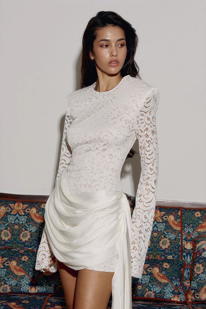 Lace Bodice Long Sleeve Draped Satin High Split Mini Dress
