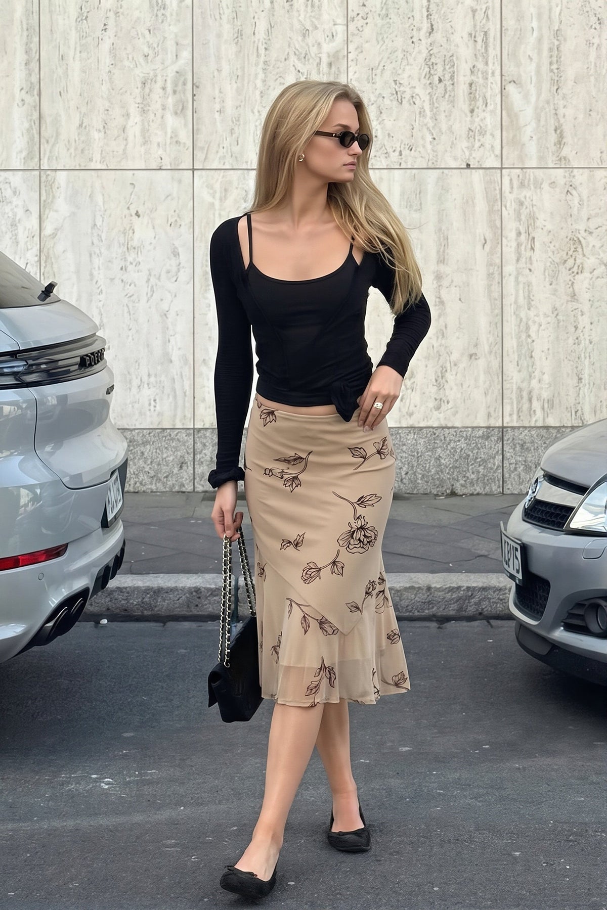 Khaki Floral Mesh Fishtail Midi Skirt