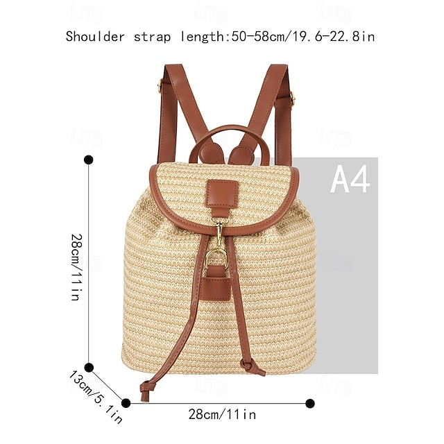 Straw Rattan with Bag Woven Boho for Backpack Travel
