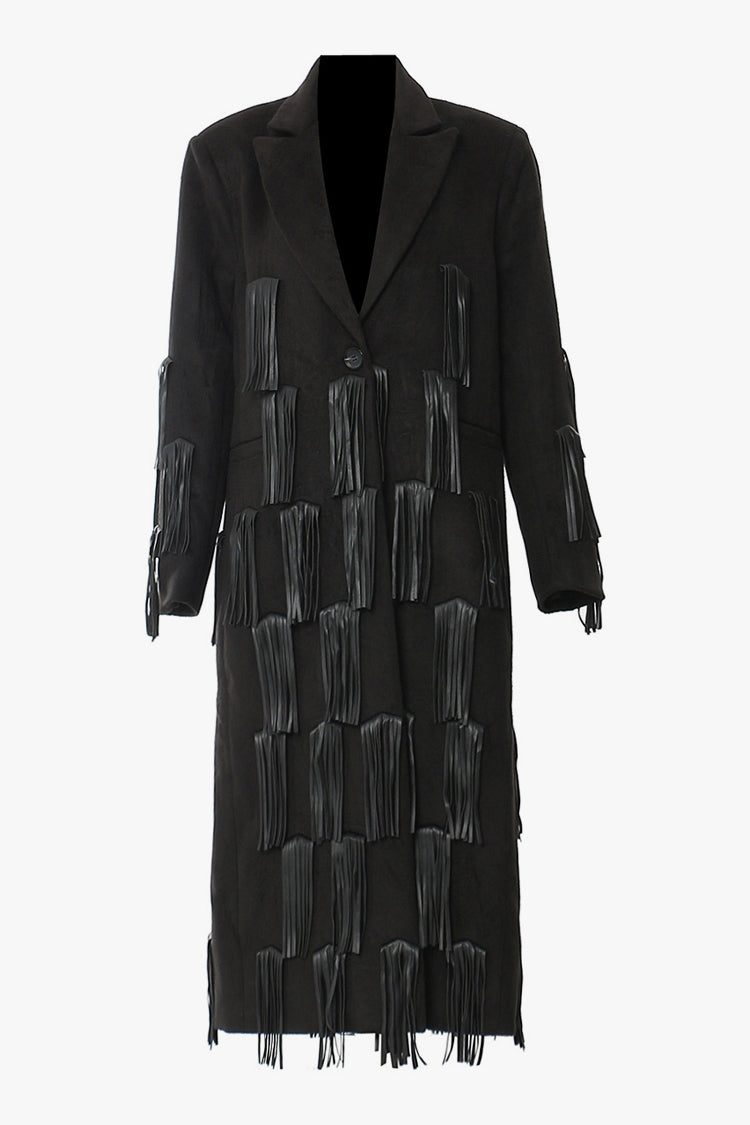 Vegan Leather Fringe Lapel Coat with Shoulder Pads