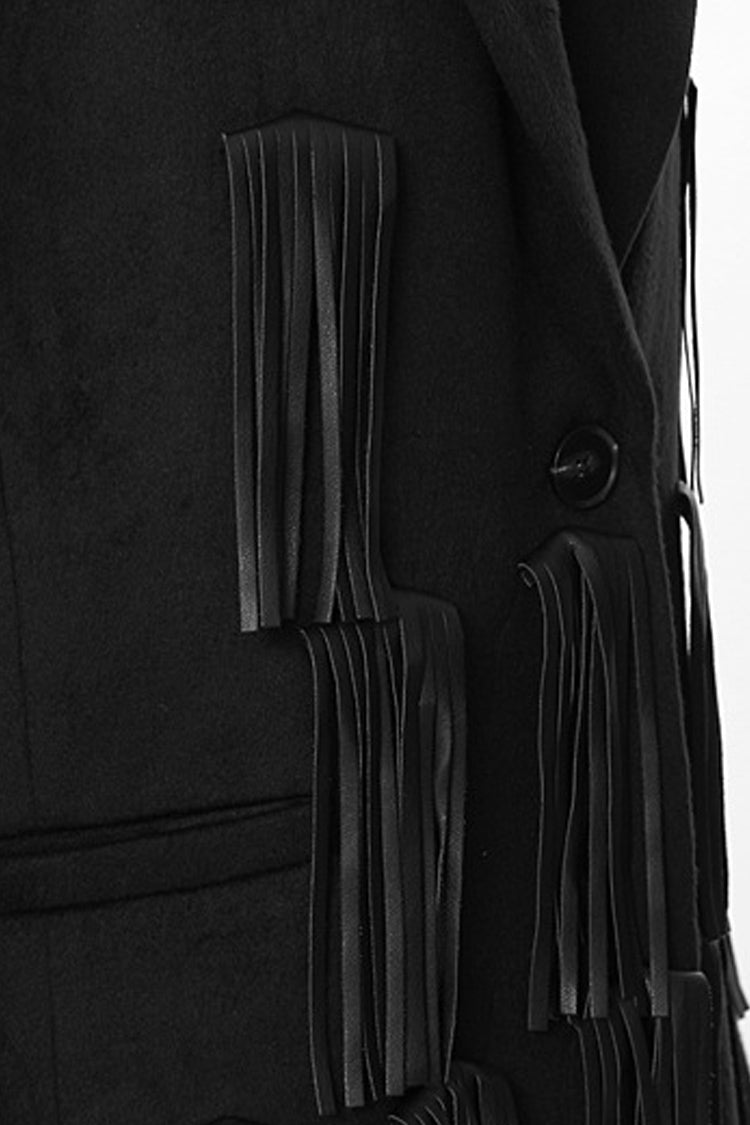 Vegan Leather Fringe Lapel Coat with Shoulder Pads