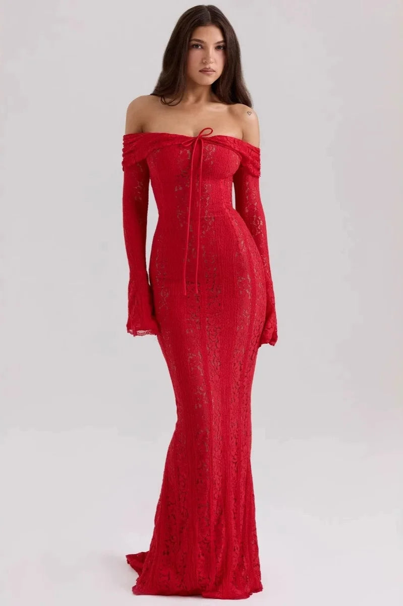 White Off Shoulder Long Sleeve Lace Maxi Dress - View 5