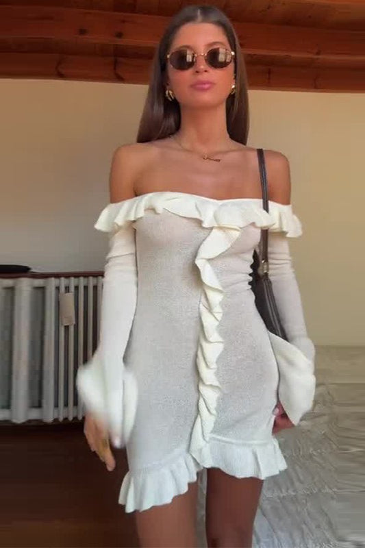 Ruffled Off-Shoulder Chic Bodycon Mini Sweater Dress