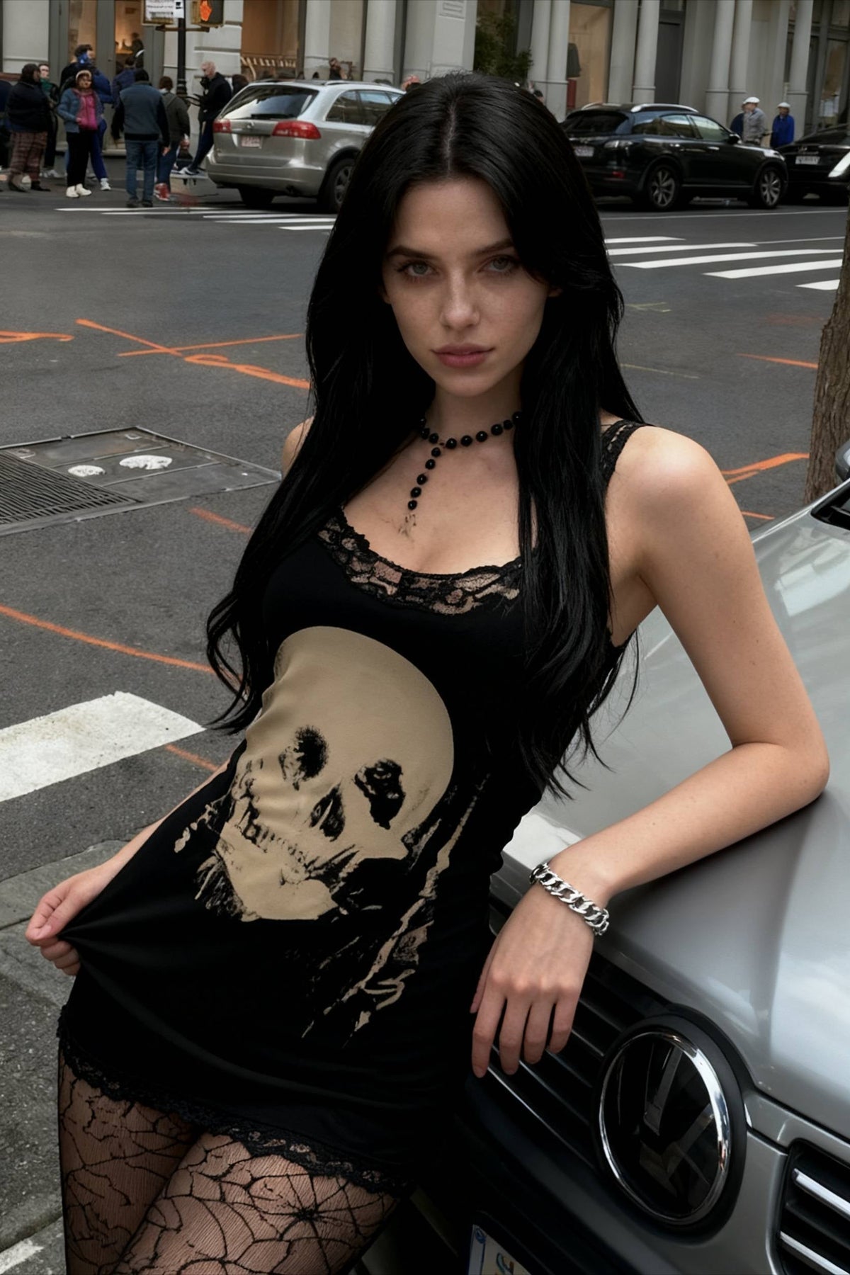 Skull Print Lace-Trim Scoop-Neck Sleeveless Bodycon Mini Dress