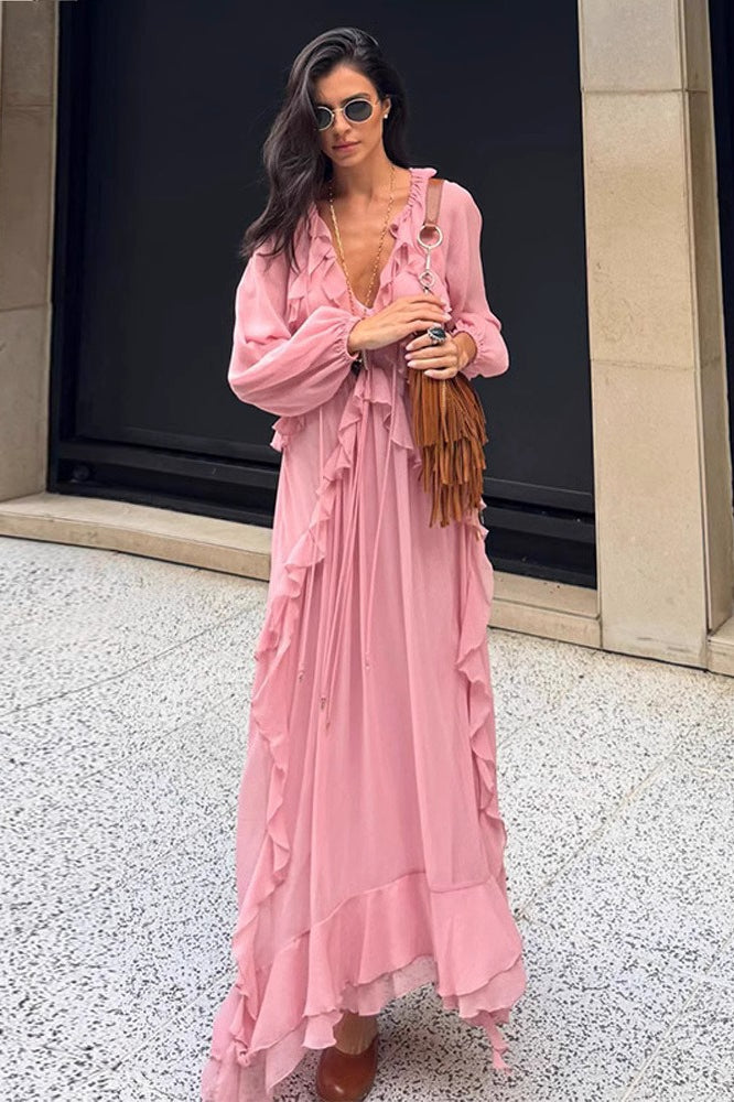 Ruffle Trim V-Neck Long Sleeve Chiffon Maxi Dress