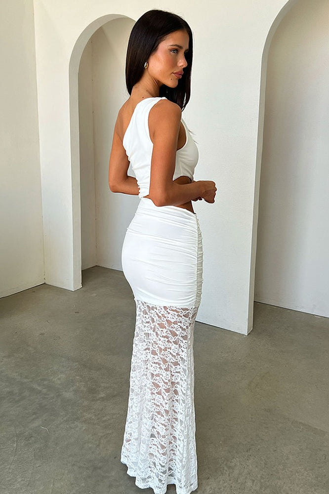 One-Shoulder Cutout Ruched Lace-Hem Maxi Dress