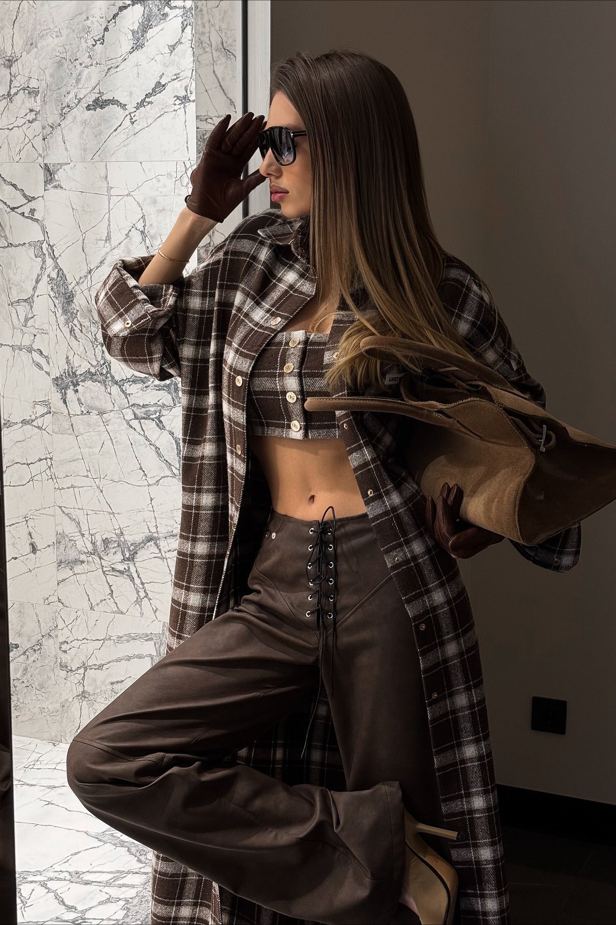 Designer Plaid Long Oversized Knee Length Shirt Overcoat 3