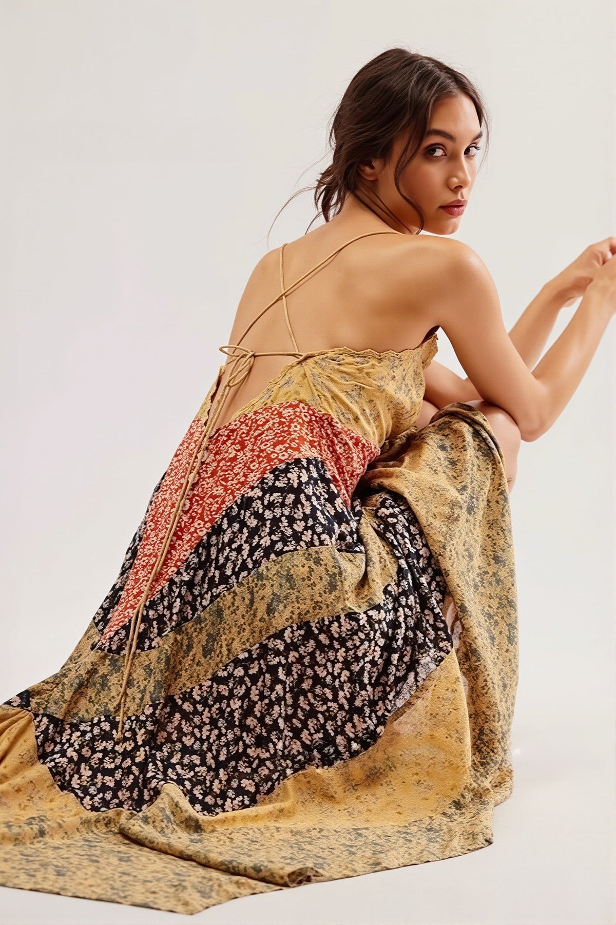 Floral Patchwork V-Neck Handkerchief Hem Slip Midi Dress