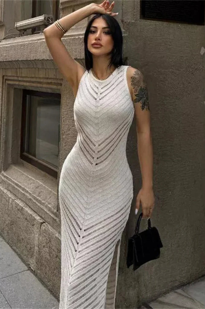Crochet Knit Crew Neck Sleeveless Bodycon Maxi Dress