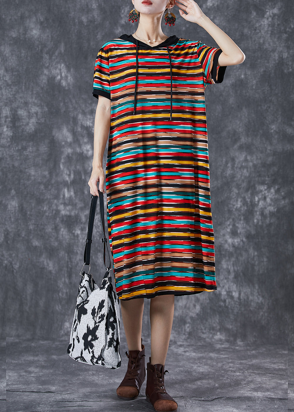 Hooded Short Sleeve Brushstroke Stripe Print Shift Dress