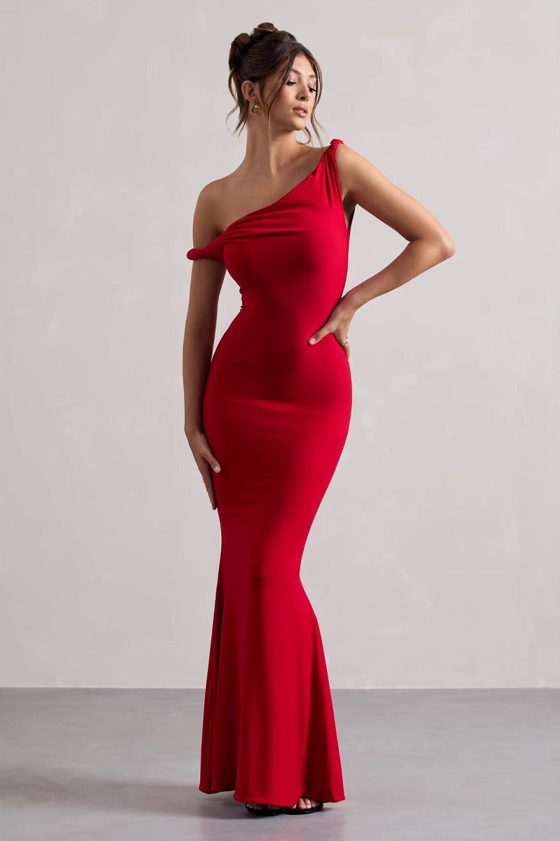 One-Shoulder Draped Jersey Fishtail Maxi Gown