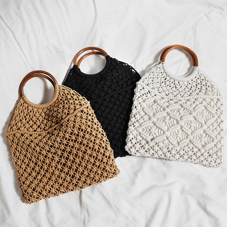 Rattan Handle Hollow Cotton Thread Bag