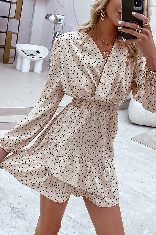 Simplee Long Sleeve V-Neck Polka Dot Print Dress  Fashionpara