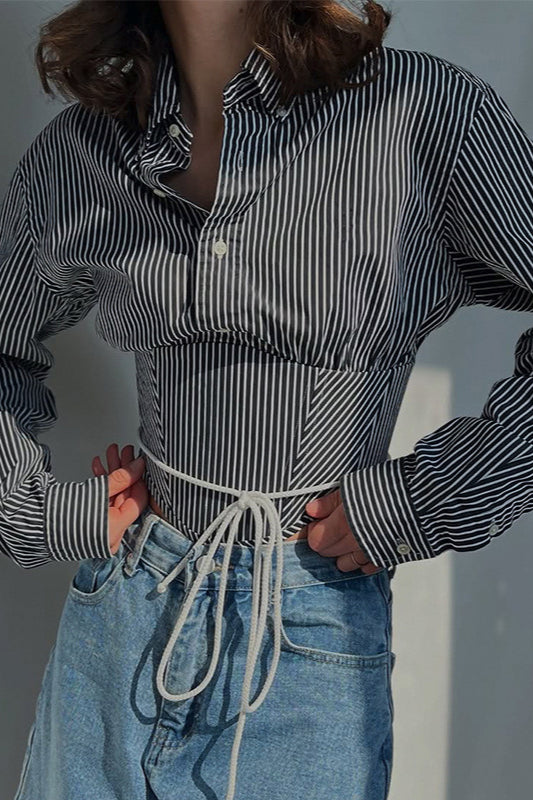 Striped Waist Cinched Collared Short Blouse