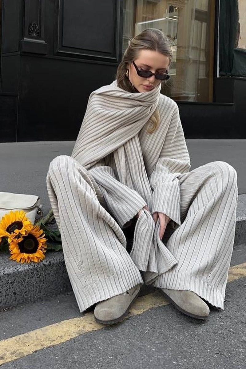 Relaxed Fit V Neck Ribbed Sweater and Pants Set