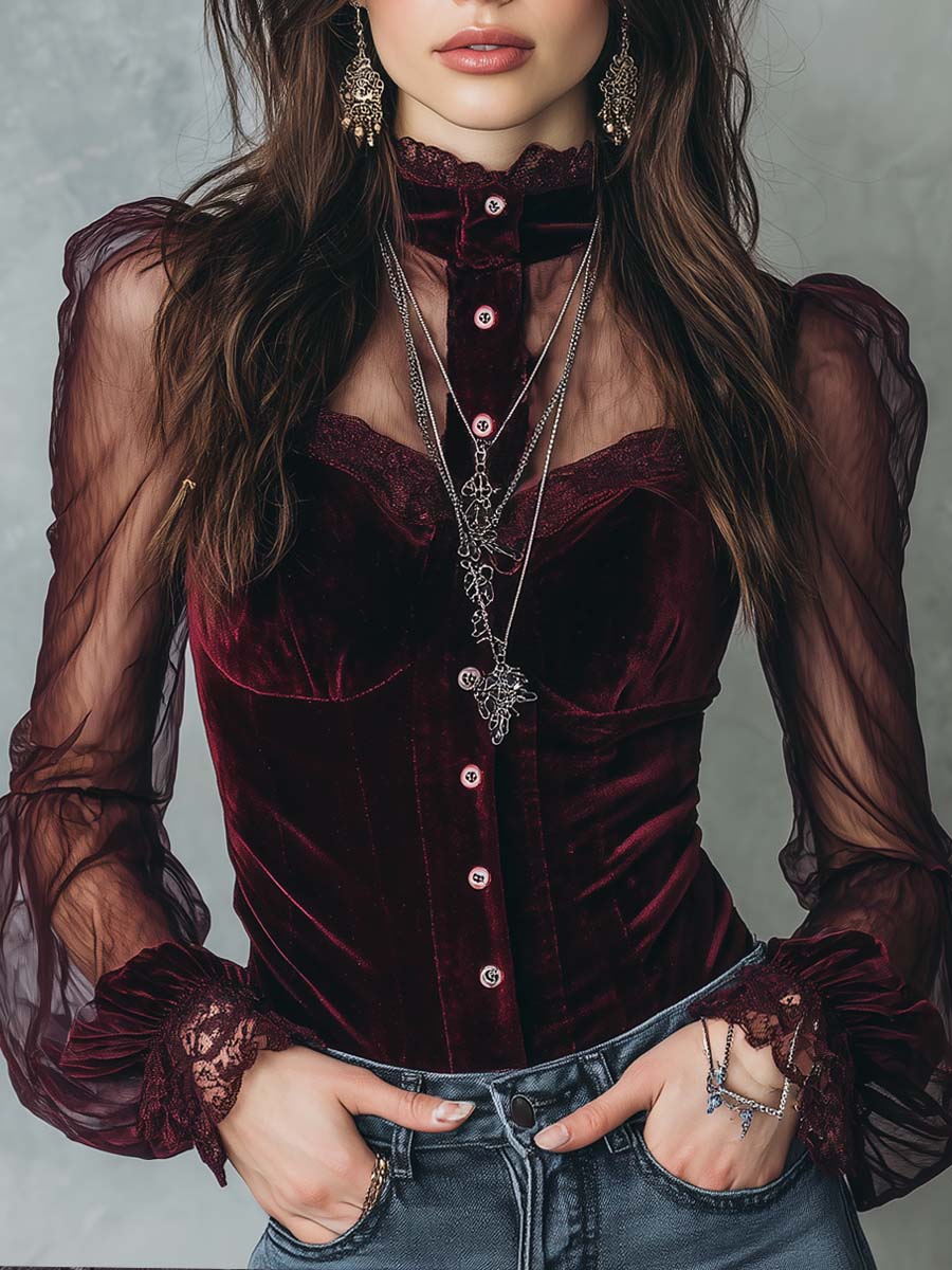 Retro Sheer Sleeves Polyester Velvet Blouse