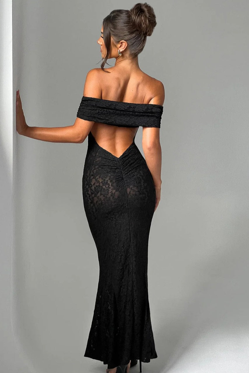 Sheer Floral Lace Off-Shoulder Mermaid Maxi Gown