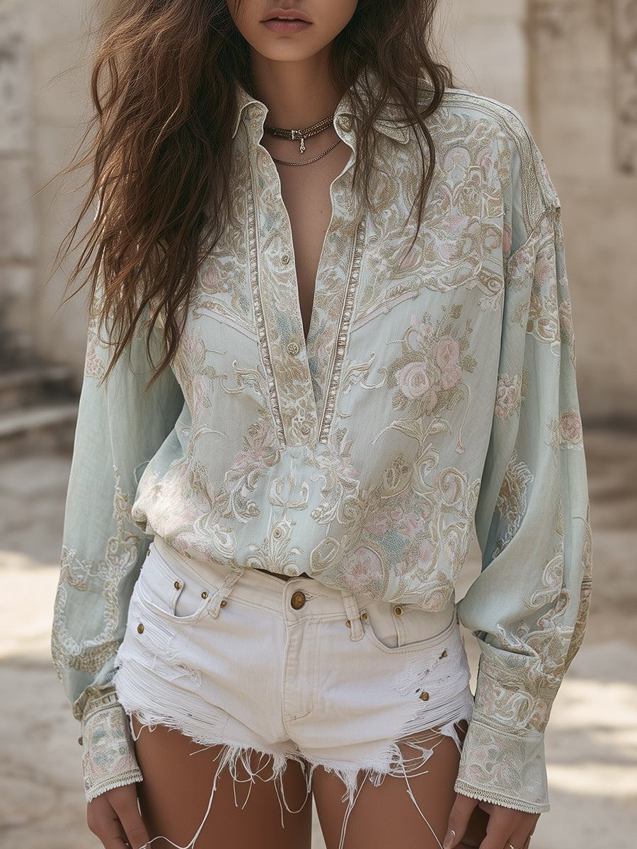 Bohemian Paisley Print Half-buttoned Cotton Blend Blouse