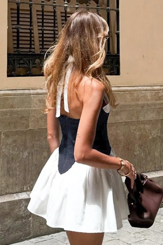 Two-Tone Halter Neck Plunge A-Line Flared Mini Dress
