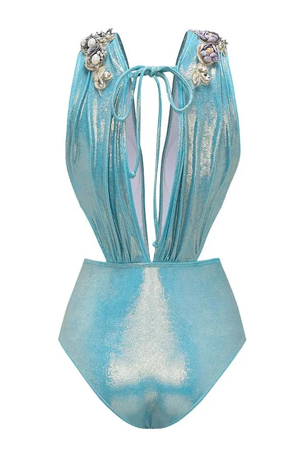 Solid Color Shiny Fabric Deep V Metal Embellished Stretch One-piece Swimsuit - Fashionpara