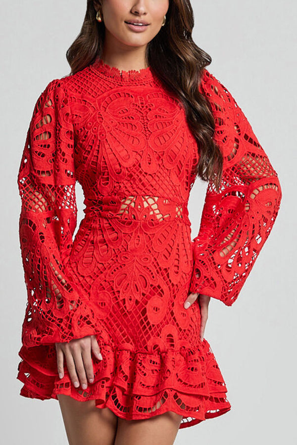 Crochet Lace Mock Neck Waist Cut Out Balloon Sleeve Mini Dress - View 4