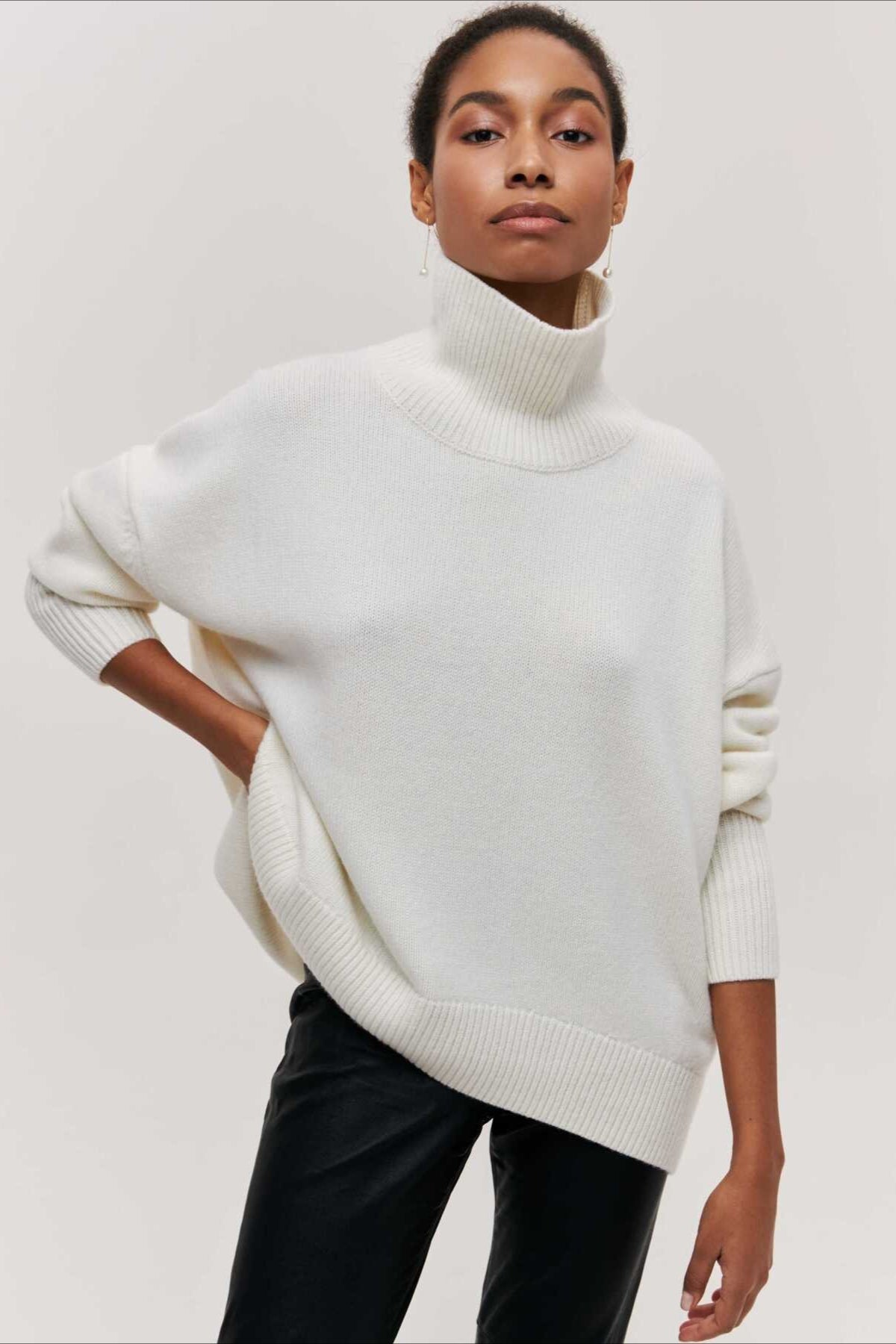 Asymmetric Cape Sleeve Turtleneck Knit Sweater 17
