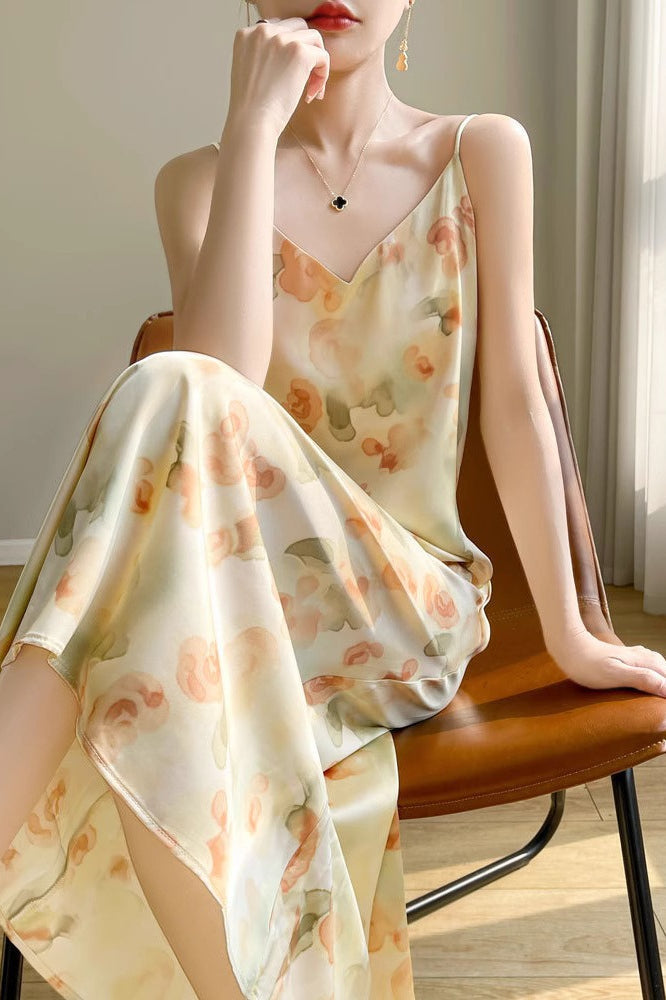 Printed V-Neck Satin Cami Maxi Silk Dress