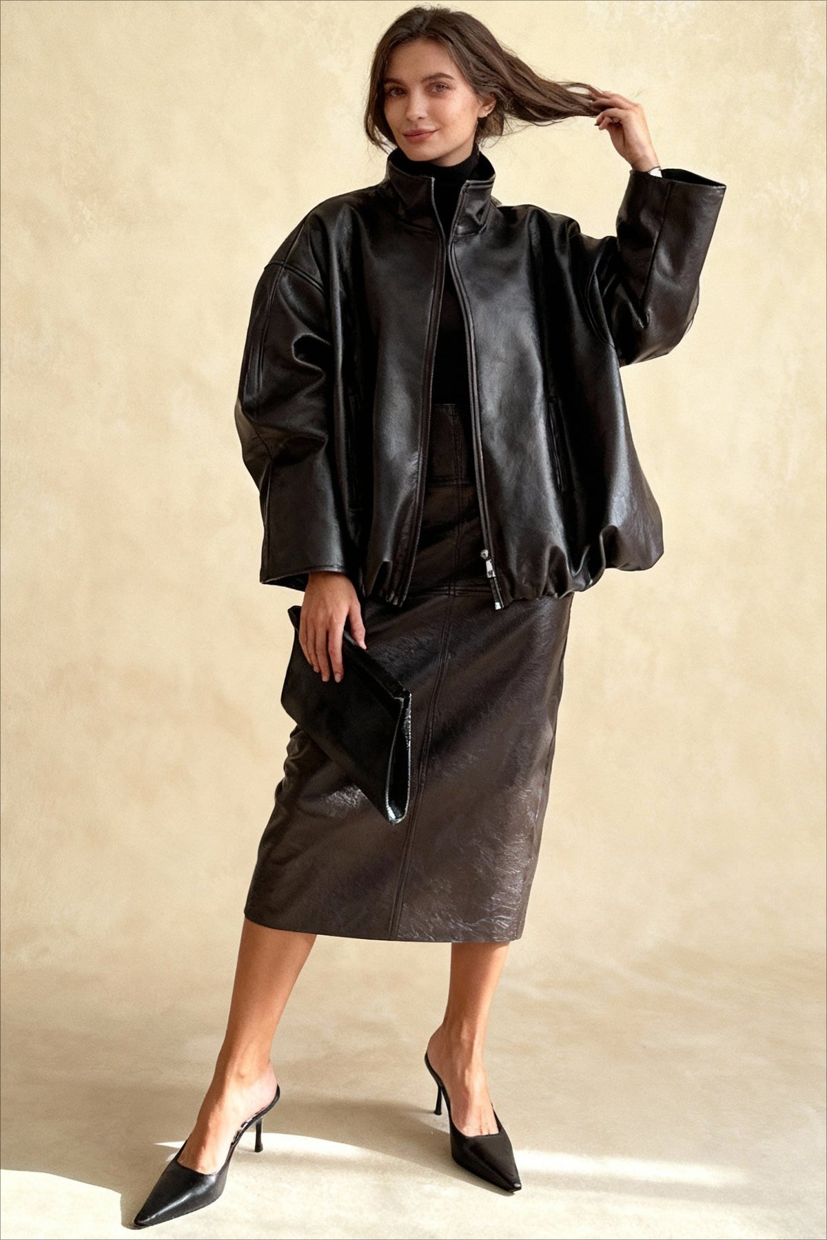 Chic Solid Patent Leather Stand Collar Jacket Skirt Two Piece Set