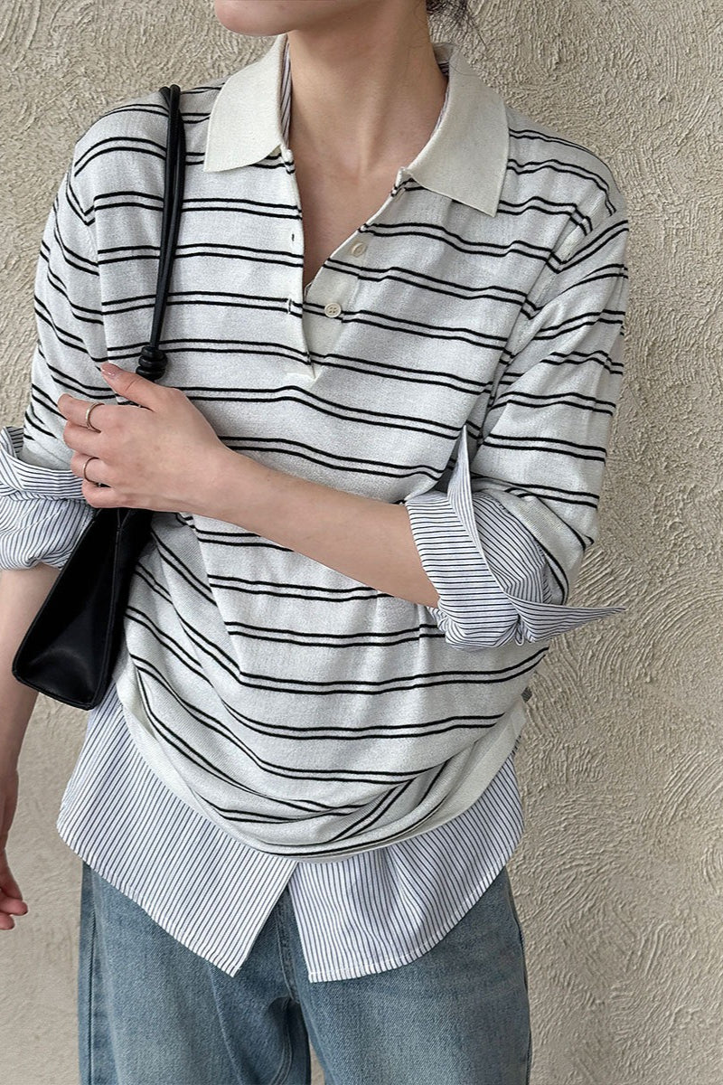 Soft Wool Striped Polo Collar Long Sleeve Blouse