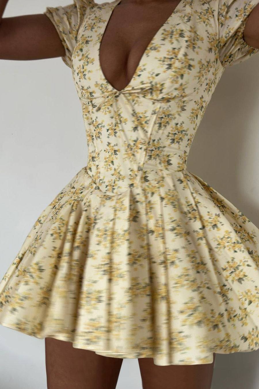 Floral V-Neck Puff Sleeve Corset Flare Mini Dress