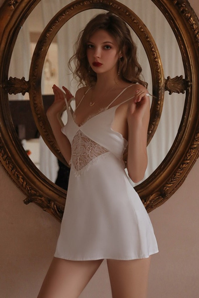 V-Neck Spaghetti Strap Lace Panel Satin Slip Mini Dress