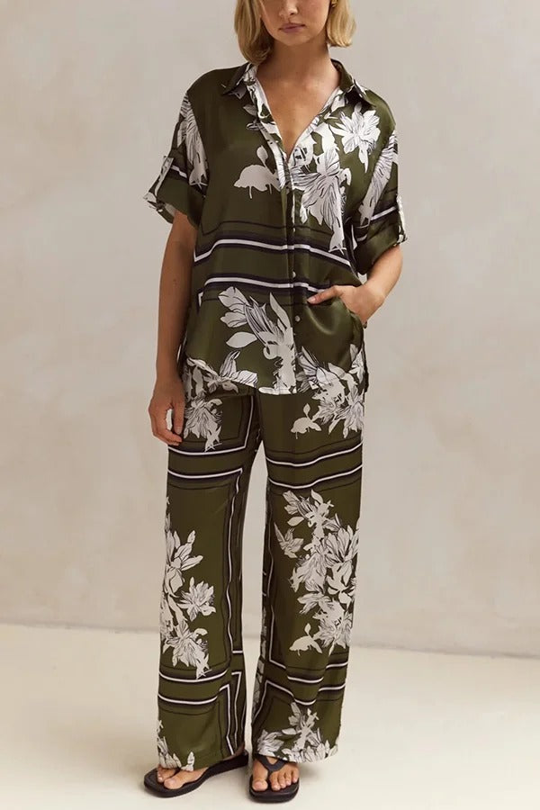 Fashionable Plant Print Loose Lapel Short Sleeve Shirt and Casual Elastic Waist Pocket Pants Set - Fashionpara