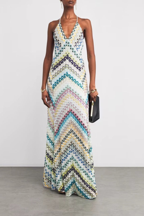 Zigzag Crochet Knit Halter Backless Maxi Dress