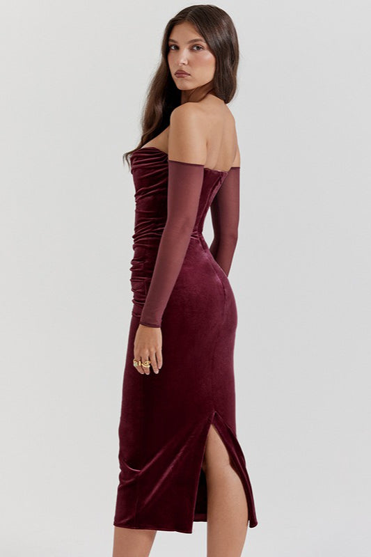 Elegant One Shoulder Ruched Formal Velvet Dress - Fashionpara