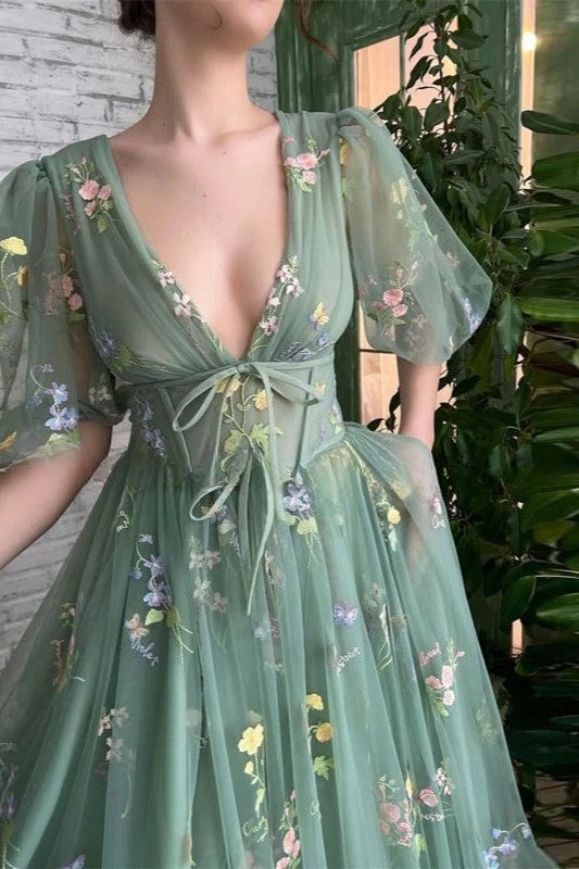 Floral Embroidered V-Neck Puff Sleeve A-Line Gown