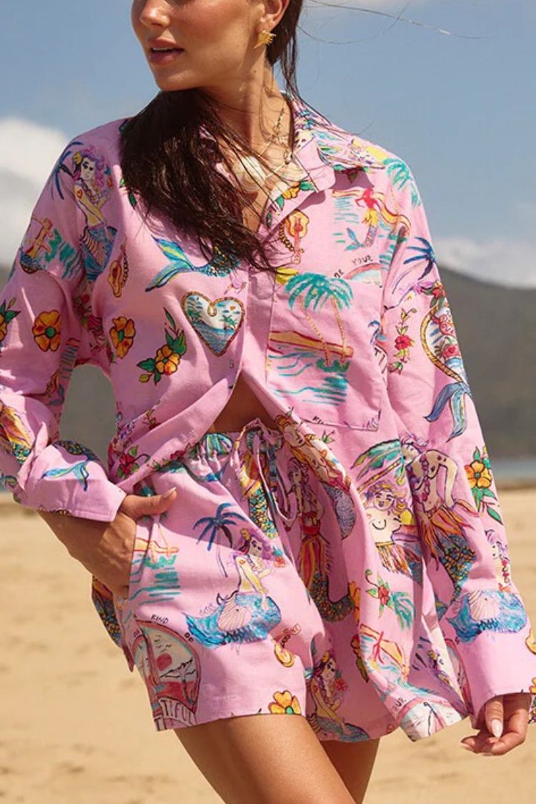 Mermaid Whispers Linen Blend Unique Print Long Sleeve Oversized Blouse - Fashionpara