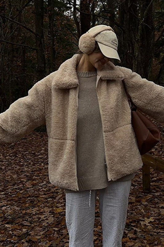 Lapel Collar Zip Up Fleece Coat - Fashionpara