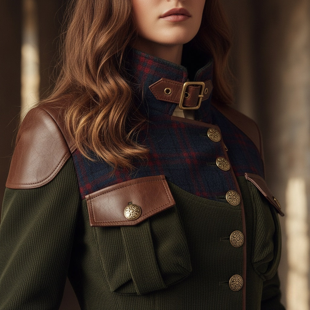 Forest Green Military-Inspired Coat with Plaid and Leather Accents - Fashionpara