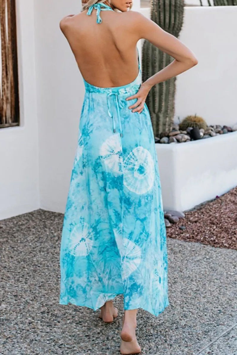 Tie-dye Print Backless Multicolor Maxi Dress  Fashionpara
