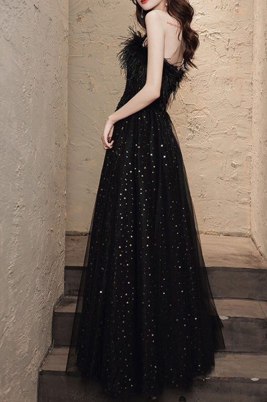 Feather Trim Strapless Glitter Tulle A-Line Gown 3