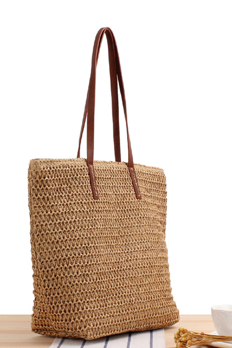 Trendy Leather Strap Woven Straw Beach Shoulder Bag - Fashionpara