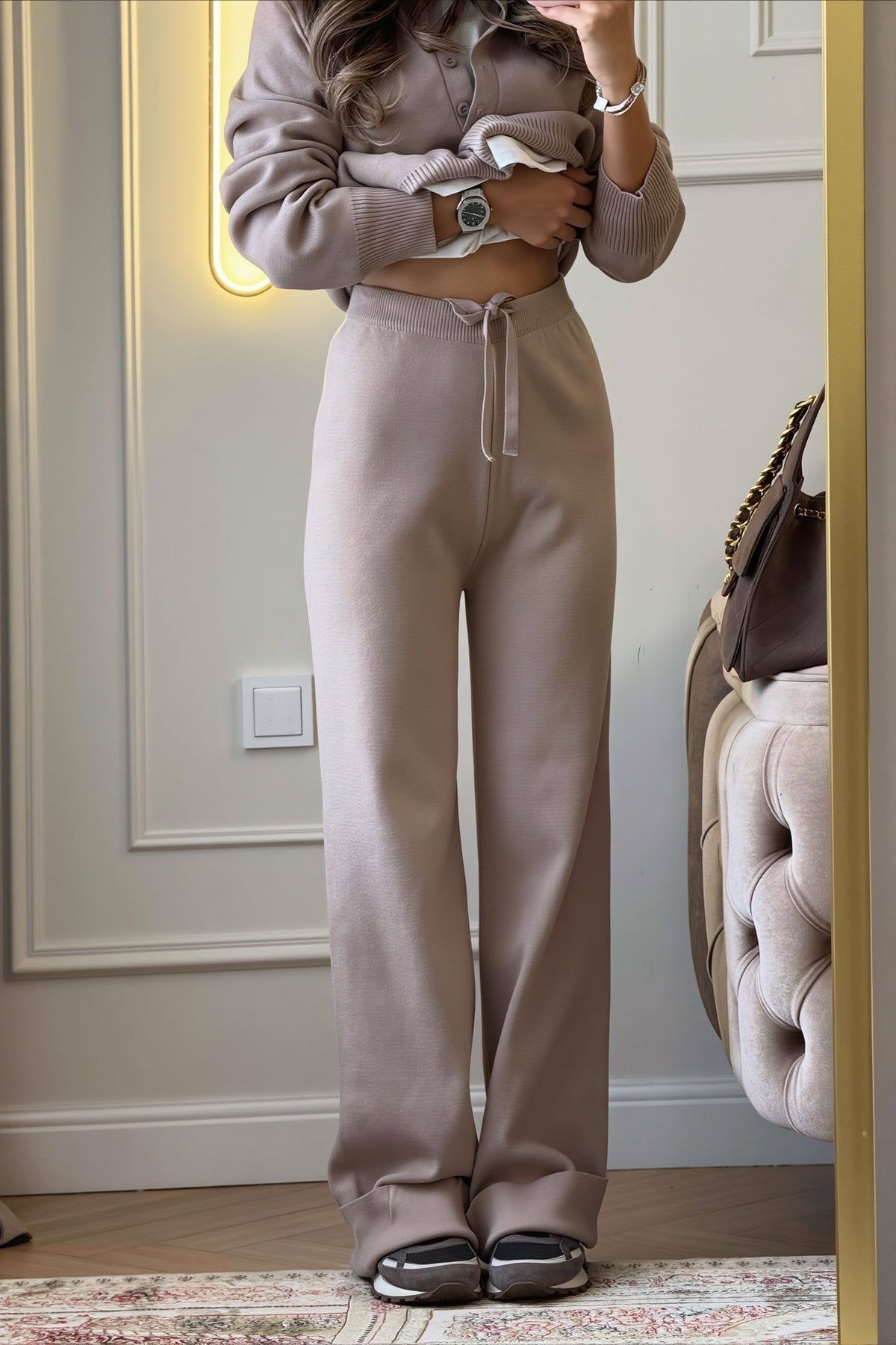 Knit Polo Pullover and Wide Leg Pants Set