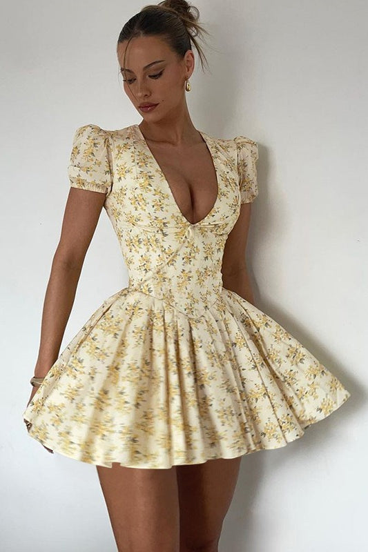 Floral Deep V-Neck Puff Sleeve Flared Mini Dress 5