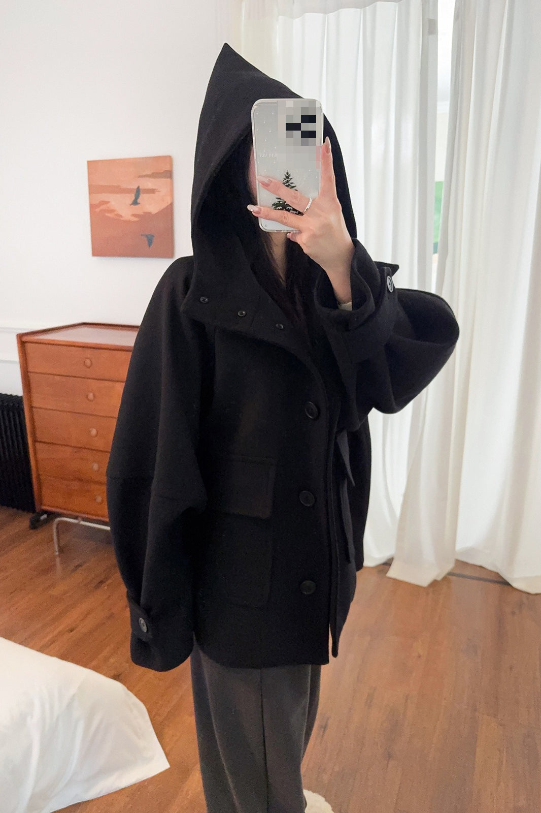 Solid Pointed Hood Button Chic Coat