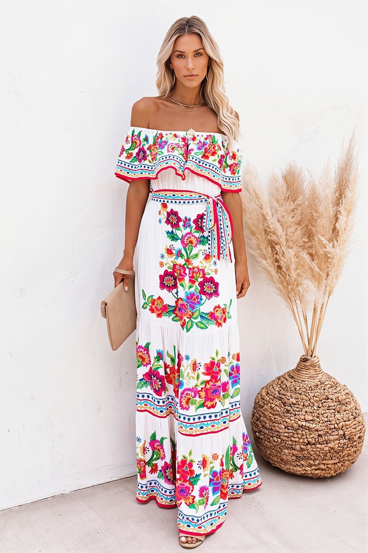 Floral Off Shoulder Tie Waist Tiered Maxi Dress